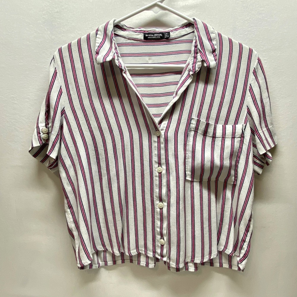 Bershka Blouse Women's Large Red White Blue Stripe Cropped Short Sleeve Top GUC